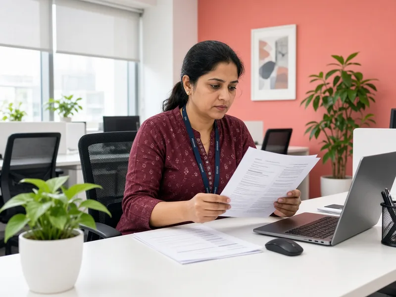 HR recruiter reading through printed resumes at her desk