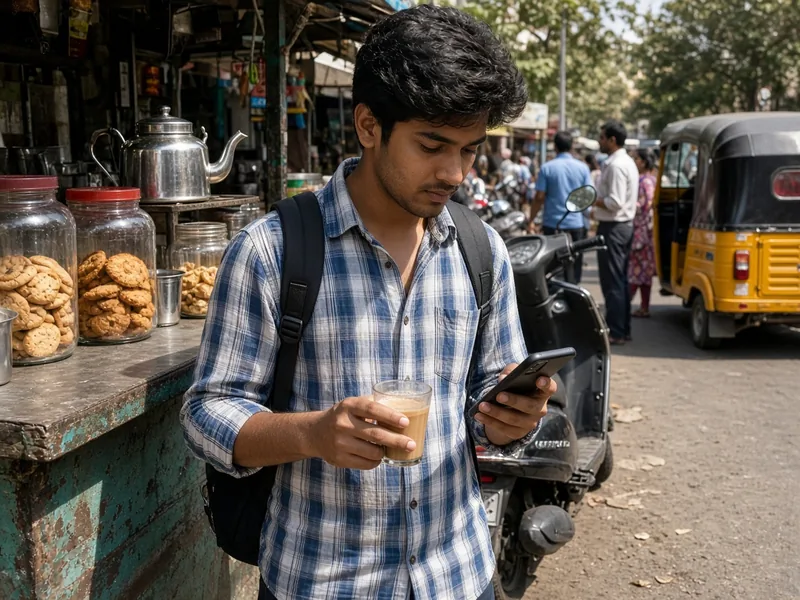 Young man with a glass of chai choosing a resume template on his phone