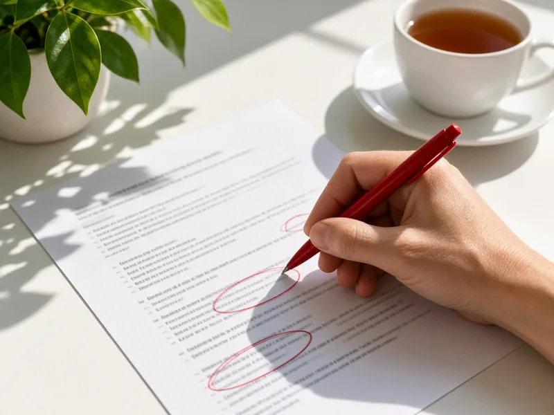 Printed resume with red pen corrections on a desk