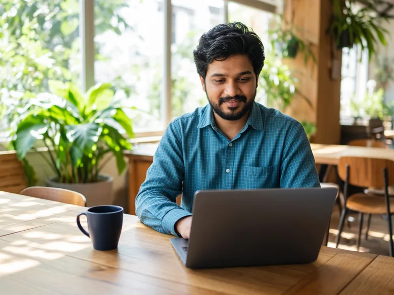 IT professional working on a laptop in a bright office