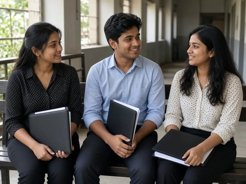 Three students with resume folders waiting for campus placement