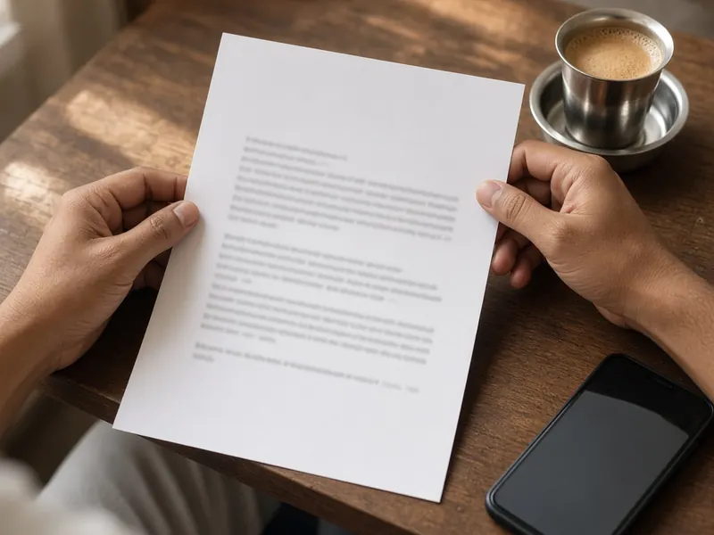 Hands holding a printed letter next to filter coffee