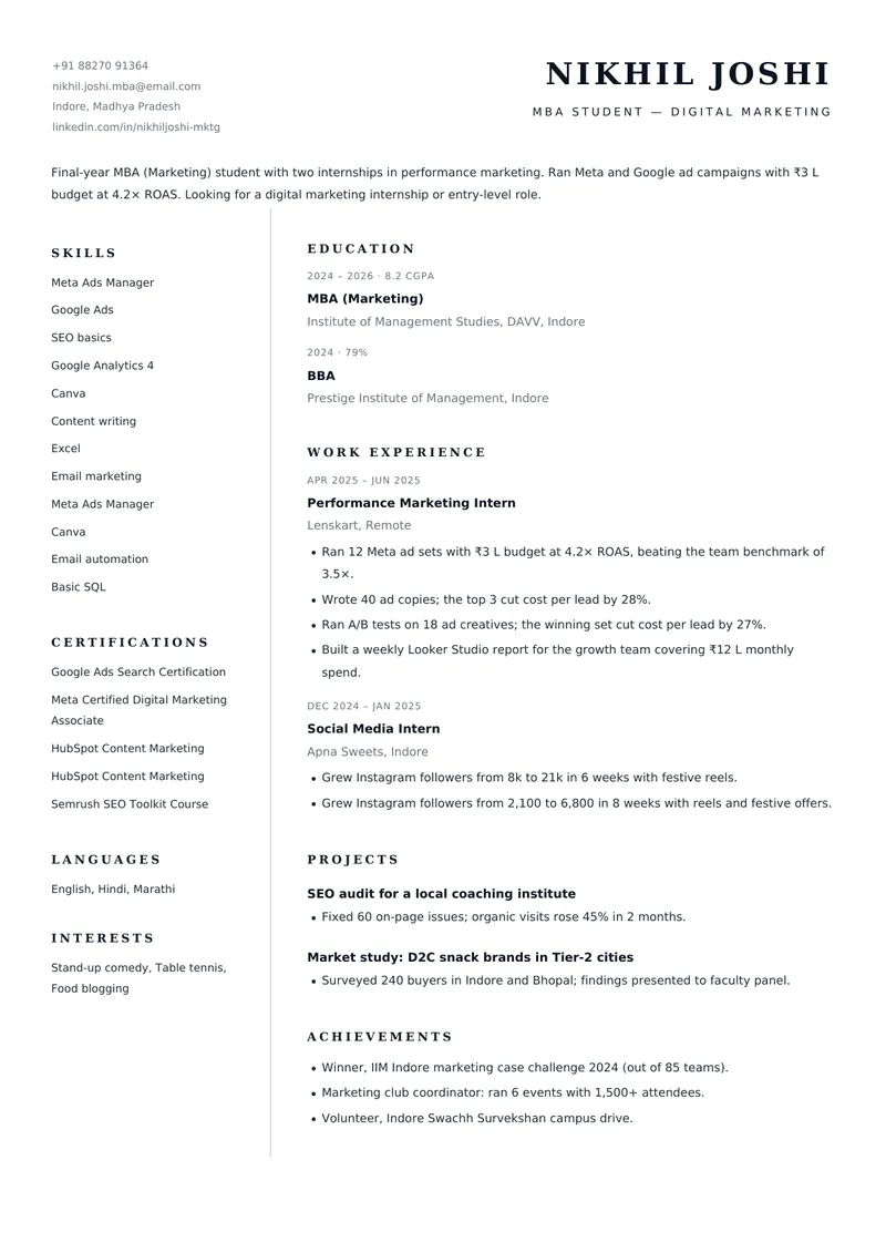 Campus resume template, sample data