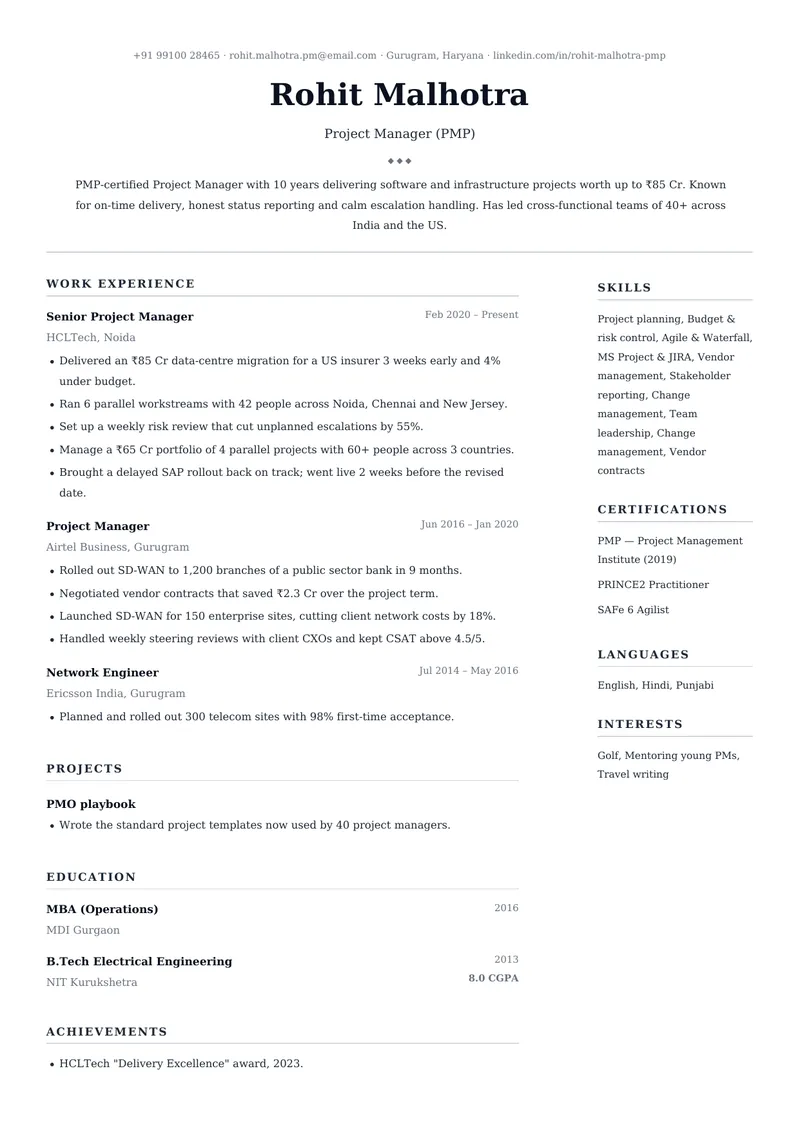 Centrepiece resume template, sample data