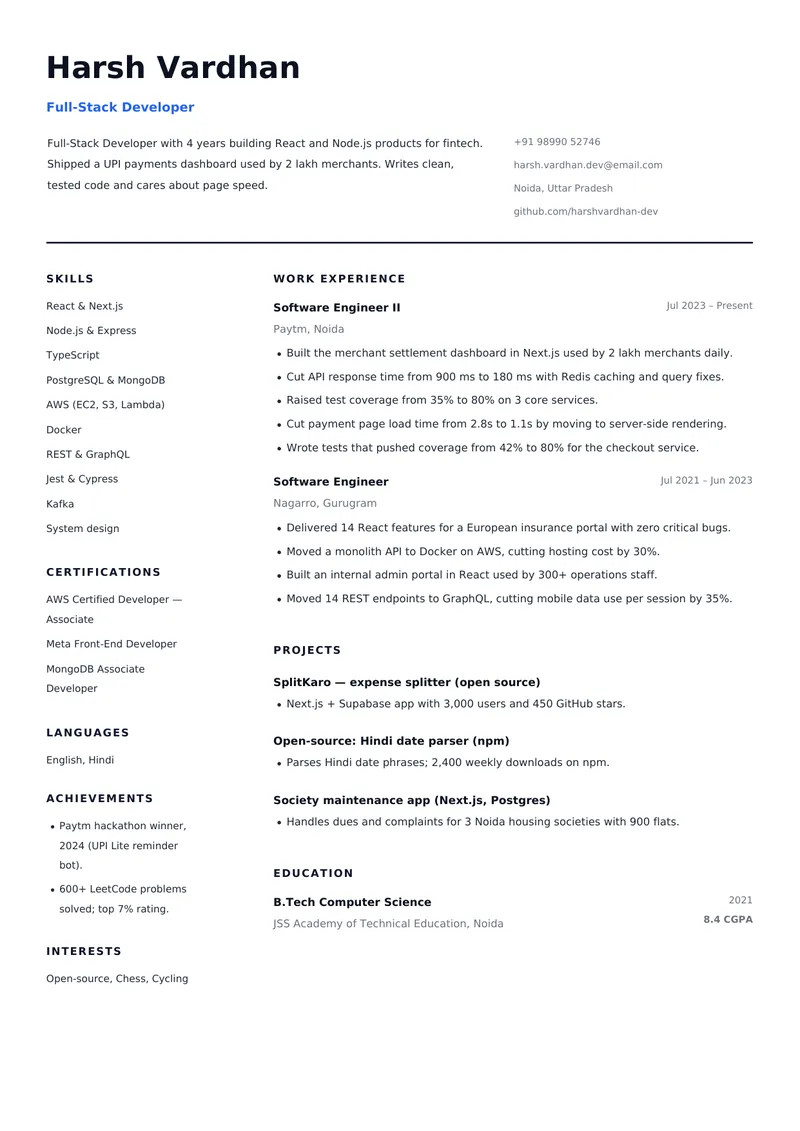 Circuit resume template, sample data