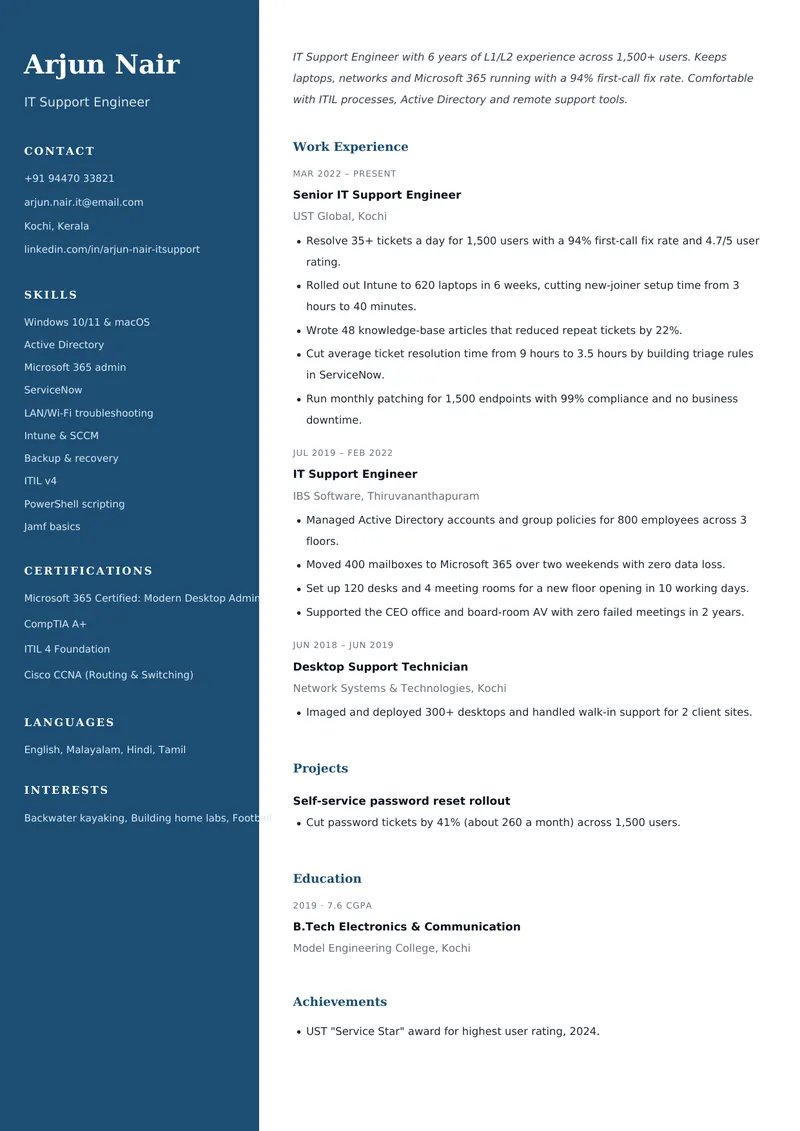 Harbour resume template, sample data