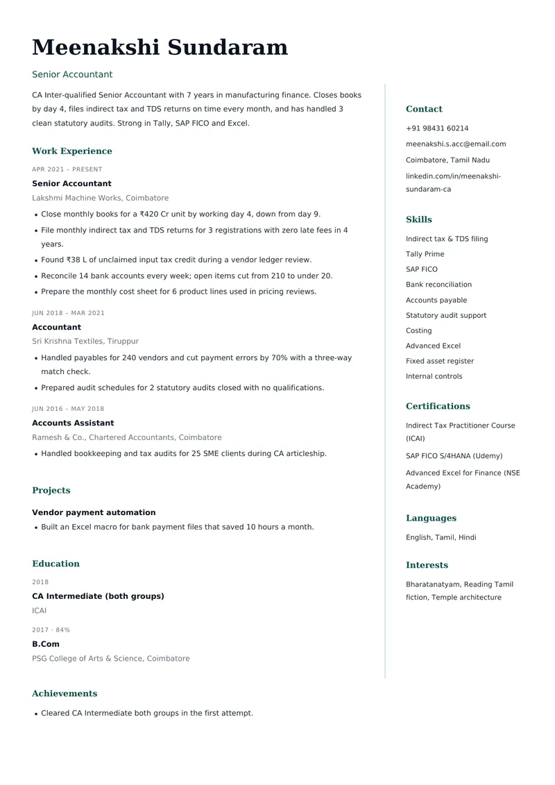 Ledger resume template, sample data
