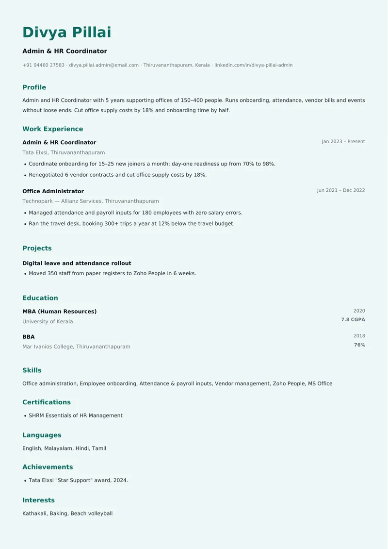 Metro resume template, sample data