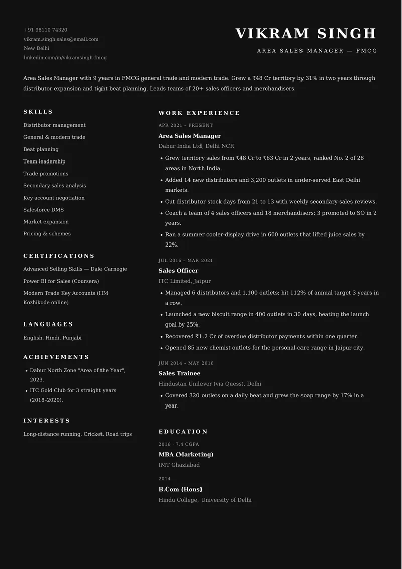 Midnight resume template, sample data