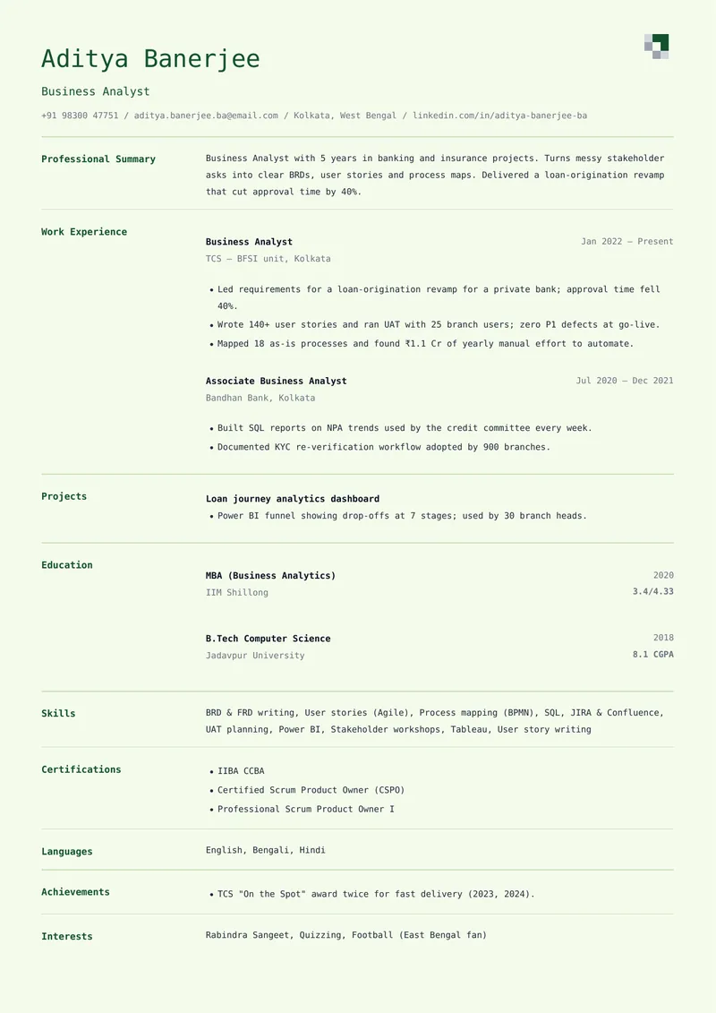 Monoline resume template, sample data