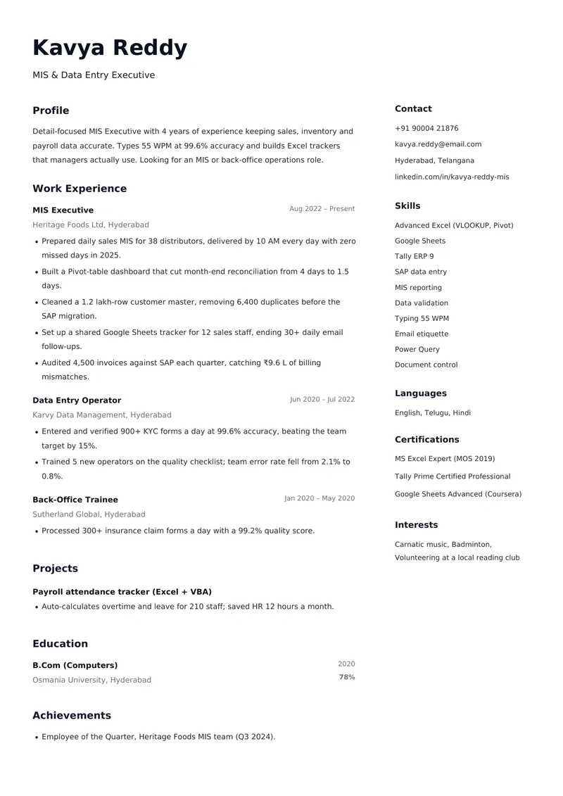 Skillset resume template, sample data