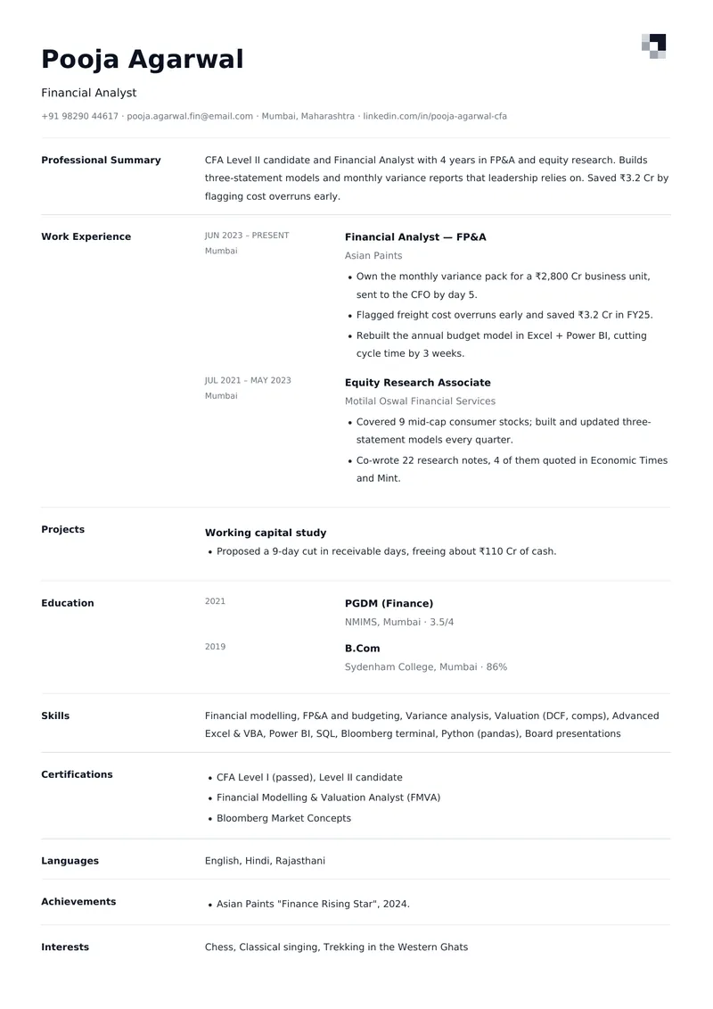 Tabular resume template, sample data